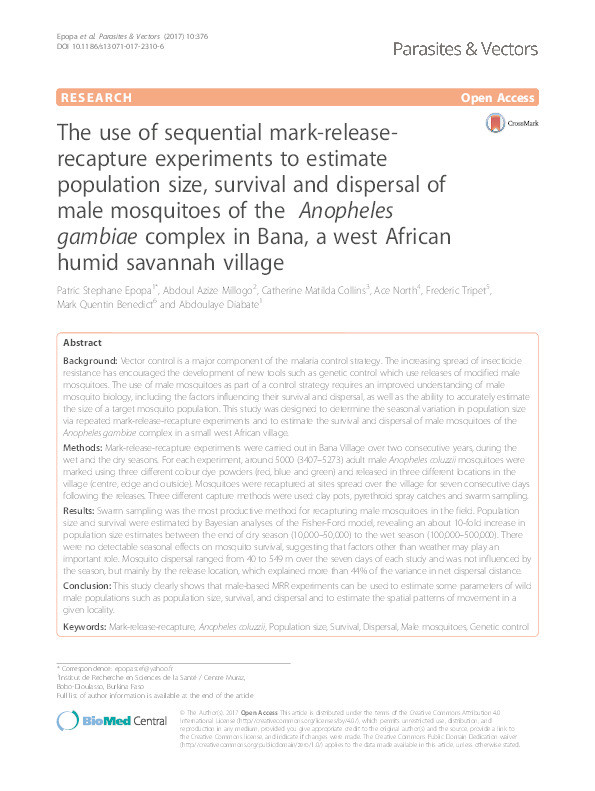 The use of sequential mark-release-recapture experiments to estimate population size, survival and dispersal of male mosquitoes of the  Anopheles gambiae complex in Bana, a west African humid savannah village Thumbnail
