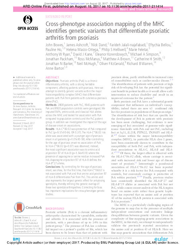 Cross-phenotype association mapping of the MHC identifies genetic variants that differentiate psoriatic arthritis from psoriasis Thumbnail