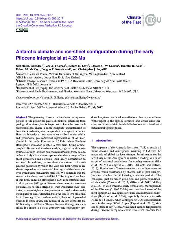 Antarctic climate and ice-sheet configuration during the early Pliocene interglacial at 4.23Ma Thumbnail
