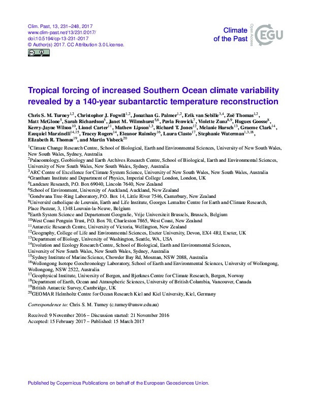 Tropical forcing of increased Southern Ocean climate variability revealed by a 140-year subantarctic temperature reconstruction Thumbnail