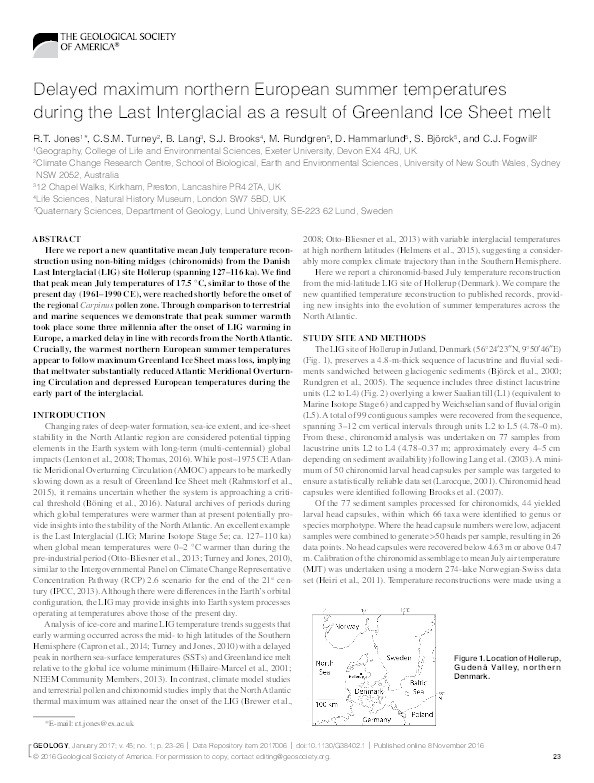Delayed maximum northern European summer temperatures during the Last Interglacial as a result of Greenland Ice Sheet melt Thumbnail