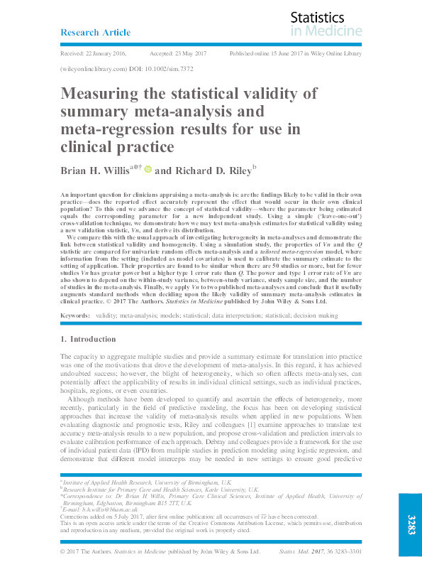 Measuring the statistical validity of summary meta-analysis and meta-regression results for use in clinical practice Thumbnail