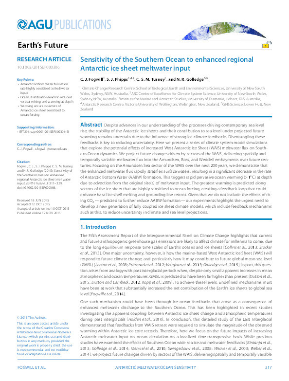 Sensitivity of the Southern Ocean to enhanced regional Antarctic ice sheet meltwater input Thumbnail