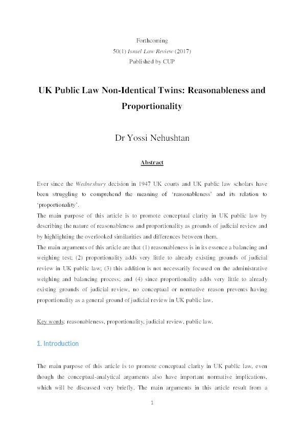 The Non-Identical Twins in UK Public Law: Reasonableness and Proportionality Thumbnail