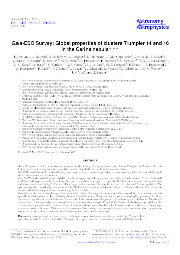 Gaia-ESO Survey: Global properties of clusters Trumpler 14 and 16 in the Carina nebula Thumbnail