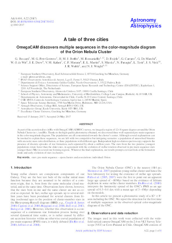 A tale of three cities - OmegaCAM discovers multiple sequences in the color-magnitude diagram of the Orion Nebula Cluster Thumbnail