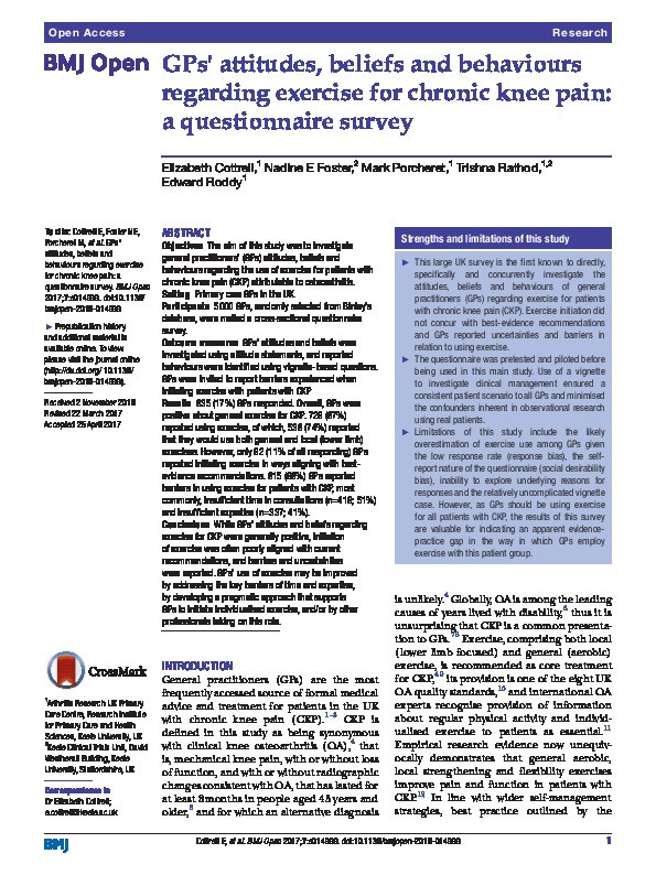 GPs' attitudes, beliefs and behaviours regarding exercise for chronic knee pain: a questionnaire survey Thumbnail