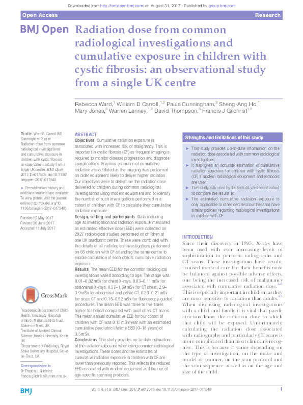 Radiation dose from common radiological investigations and cumulative exposure in children with cystic fibrosis: an observational study from a single UK centre. Thumbnail