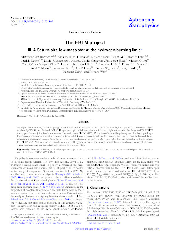 The EBLM project - III. A Saturn-size low-mass star at the hydrogen-burning limit Thumbnail