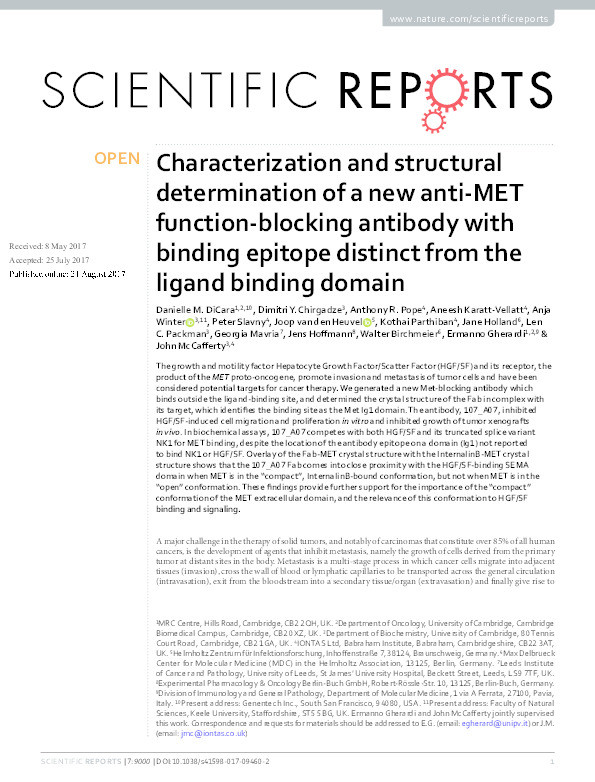 Characterization and structural determination of a new anti-MET function-blocking antibody with binding epitope distinct from the ligand binding domain. Thumbnail
