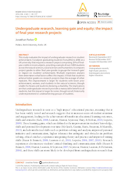 Undergraduate Research, Learning Gain and Equity: The Impact of Final Year Research Projects Thumbnail