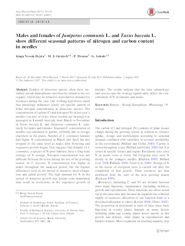 Males and females of Juniperus communis L. and Taxus baccata L. show different seasonal patterns of nitrogen and carbon content in needles Thumbnail