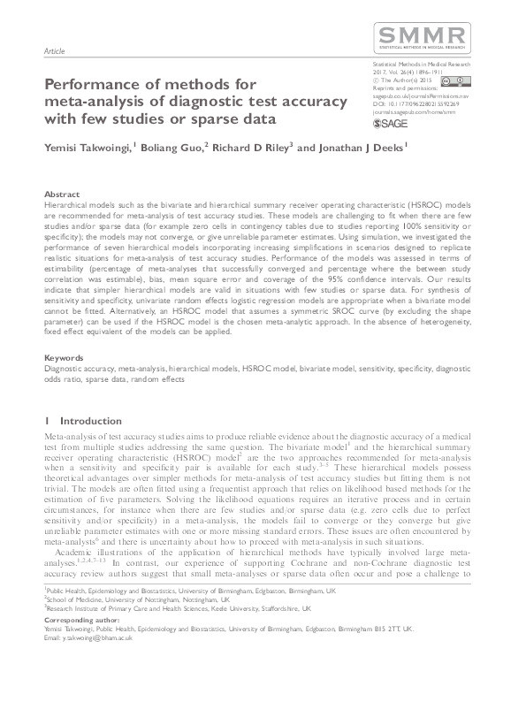 Performance of methods for meta-analysis of diagnostic test accuracy with few studies or sparse data Thumbnail