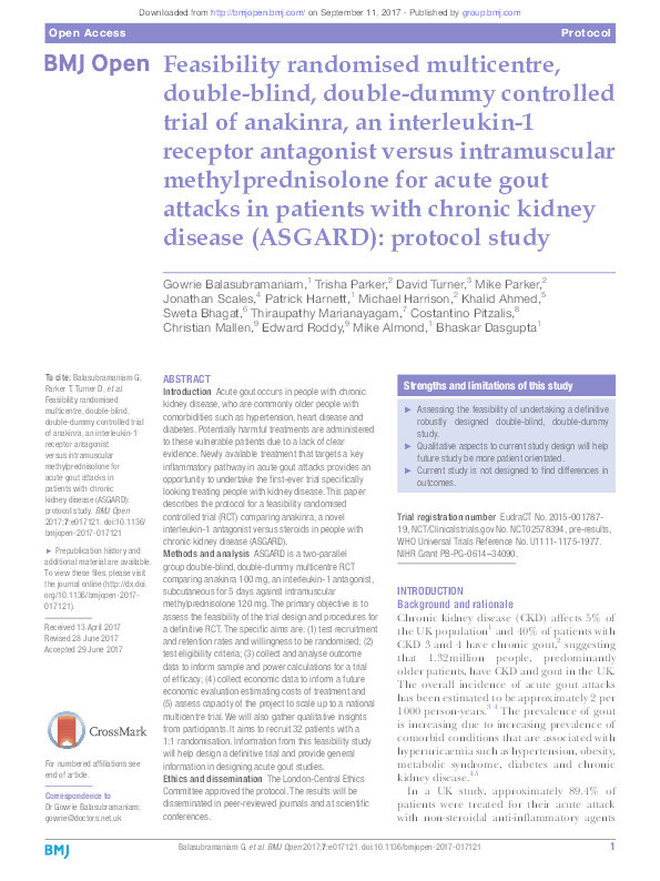 Feasibility randomised multicentre, double-blind, double-dummy controlled trial of anakinra, an interleukin-1 receptor antagonist versus intramuscular methylprednisolone for acute gout attacks in patients with chronic kidney disease (ASGARD): protocol st… Thumbnail