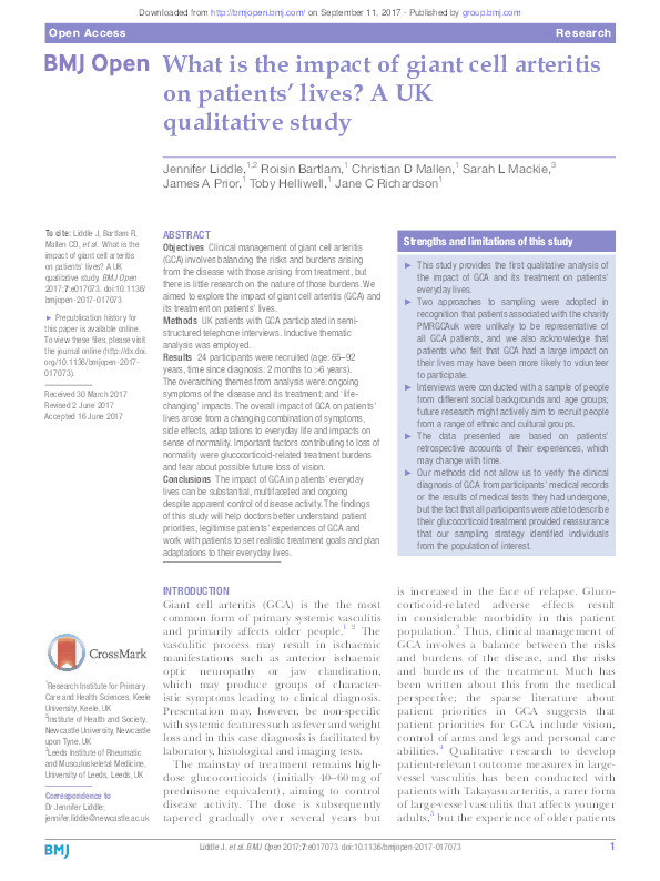 What is the impact of giant cell arteritis on patients’ lives? A UK qualitative study Thumbnail