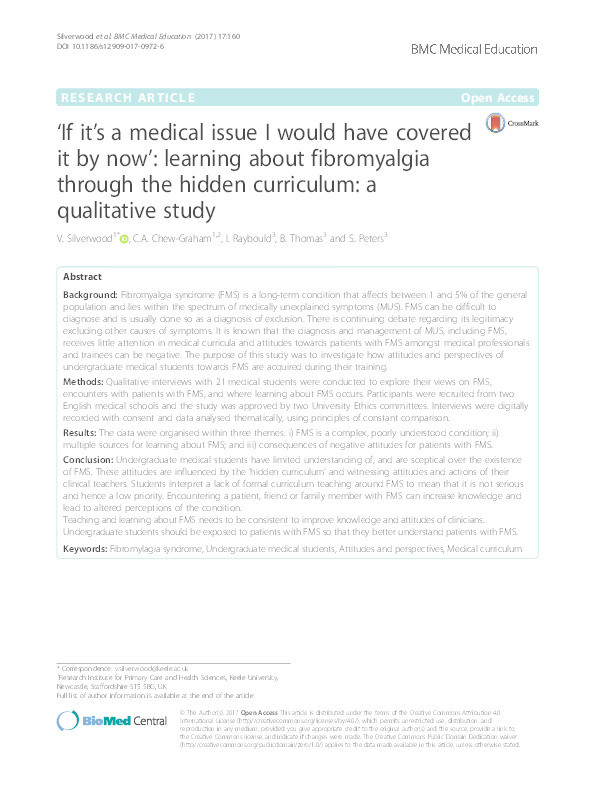 'If it's a medical issue I would have covered it by now': learning about fibromyalgia through the hidden curriculum: a qualitative study Thumbnail