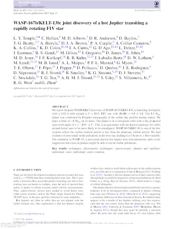 WASP-167b/KELT-13b: joint discovery of a hot Jupiter transiting a rapidly rotating F1V star Thumbnail