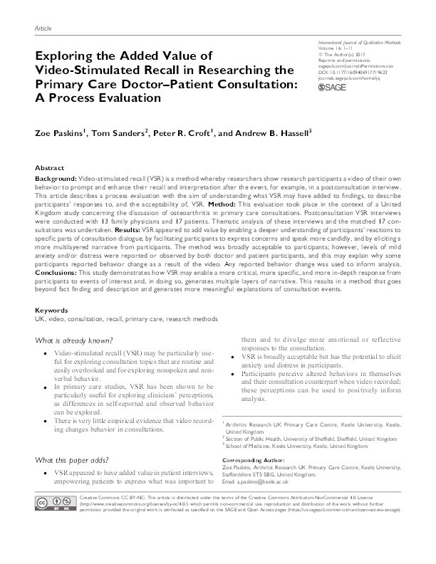 Exploring the Added Value of Video-Stimulated Recall in Researching the Primary Care Doctor-Patient Consultation: A Process Evaluation Thumbnail
