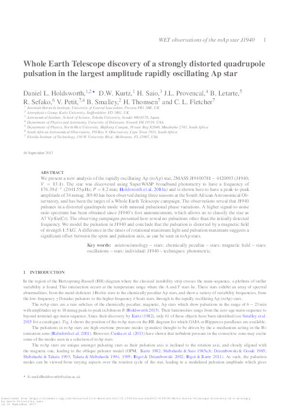 Whole Earth Telescope discovery of a strongly distorted quadrupole pulsation in the largest amplitude rapidly oscillating Ap star Thumbnail