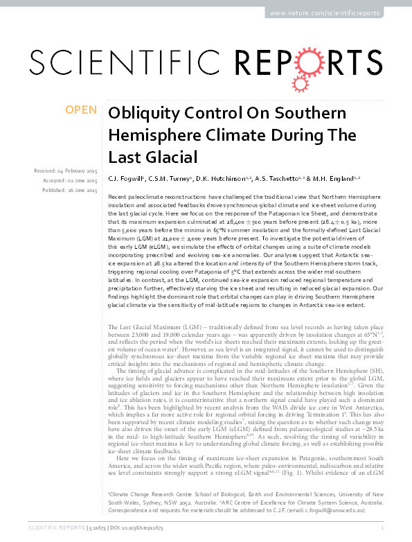 Obliquity Control On Southern Hemisphere Climate During The Last Glacial Thumbnail