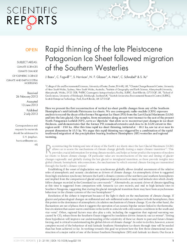 Rapid thinning of the Late Pleistocene Patagonian Ice Sheet followed migration of the Southern Westerlies. Thumbnail