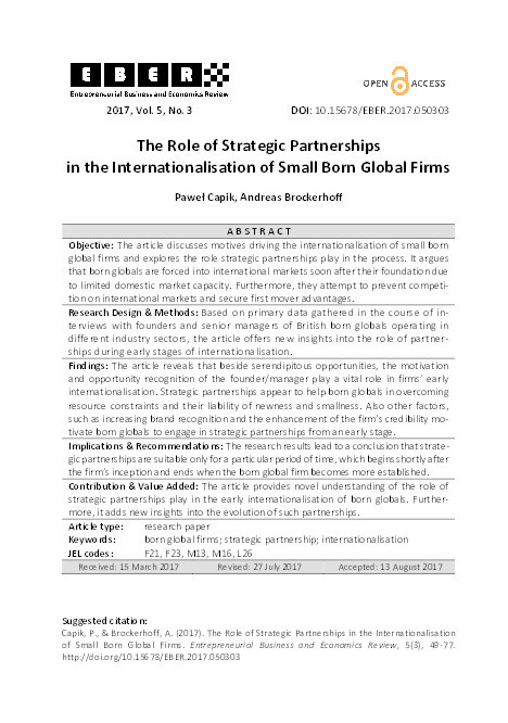 Role of Strategic Partnerships in Internationalisation of Small Born Global Firms Thumbnail