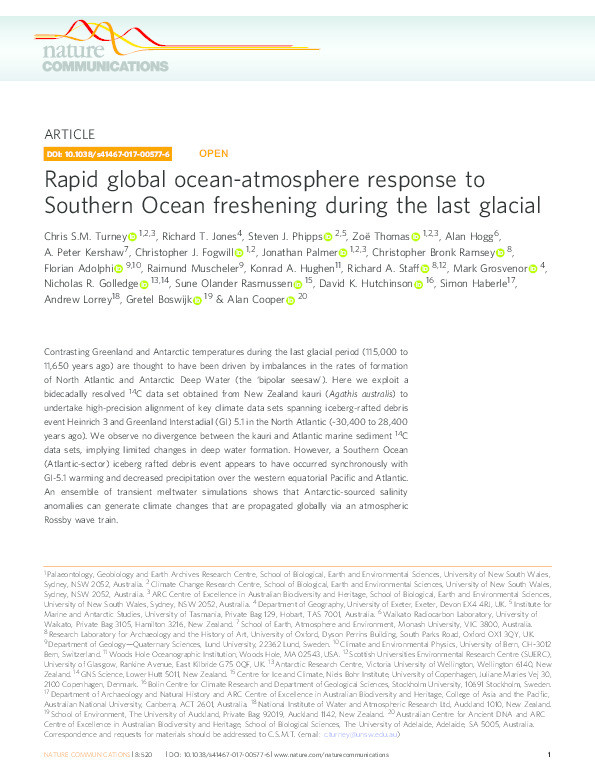 Rapid global ocean-atmosphere response to Southern Ocean freshening during the last glacial Thumbnail