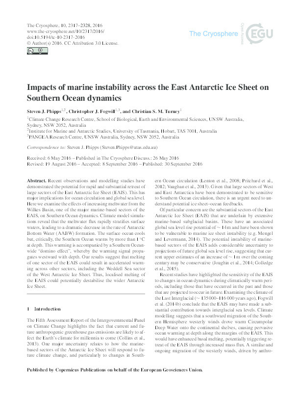 Impacts of marine instability across the East Antarctic Ice Sheet on Southern Ocean dynamics Thumbnail