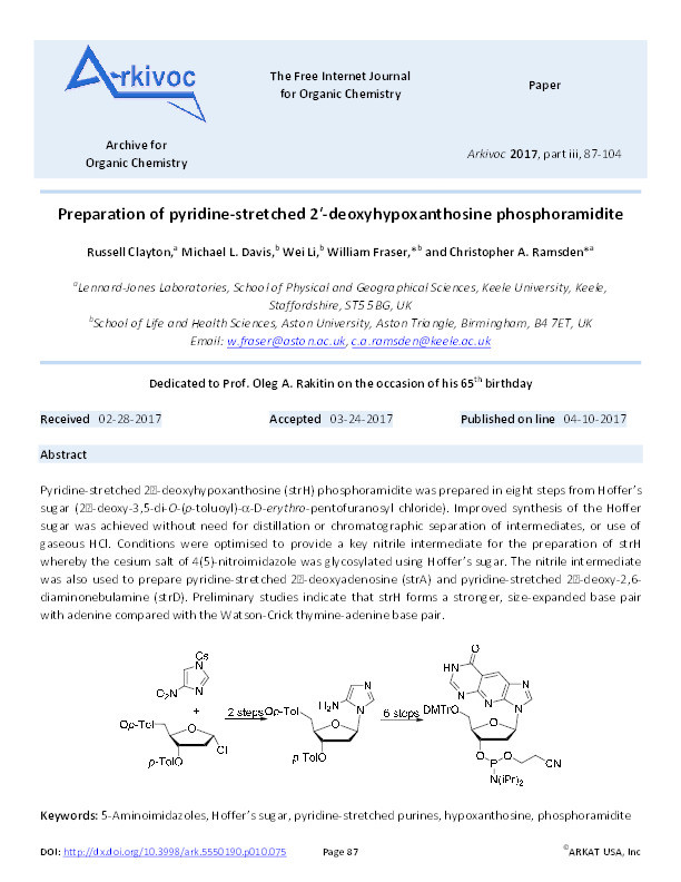 Preparation of pyridine-stretched 2’-deoxyhypoxanthosine phosphoramidite Thumbnail