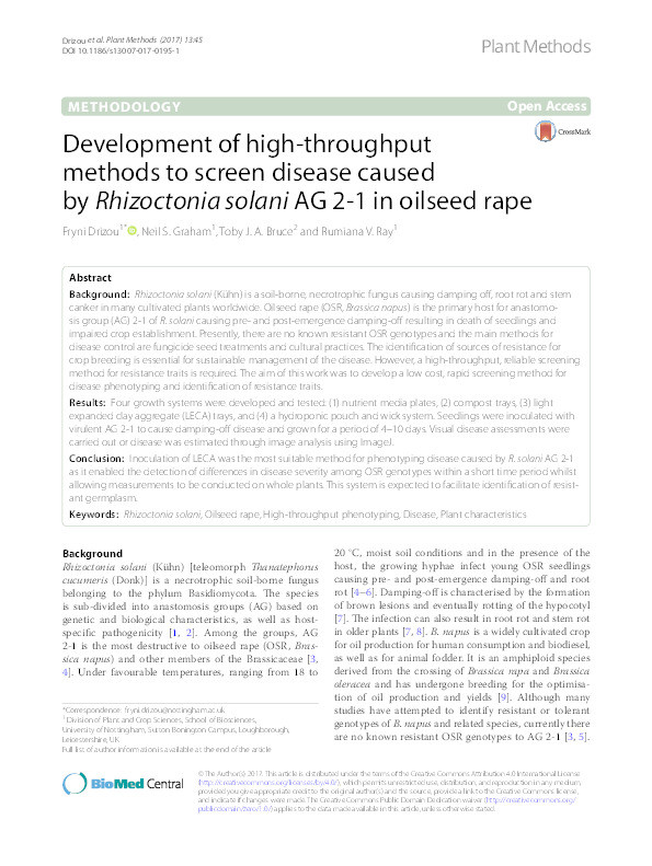 Development of high-throughput methods to screen disease caused by Rhizoctonia solani AG 2-1 in oilseed rape Thumbnail