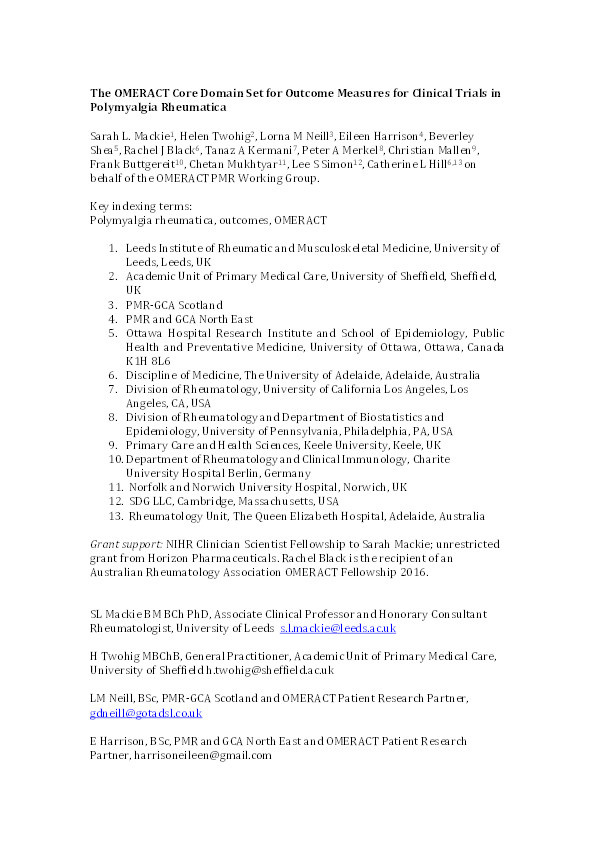 The OMERACT Core Domain Set for Outcome Measures for Clinical Trials in Polymyalgia Rheumatica Thumbnail