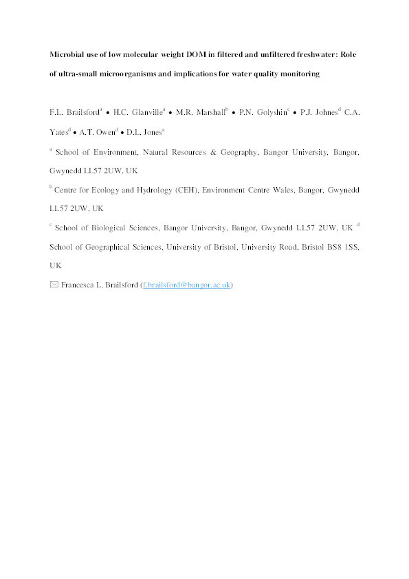 Microbial use of low molecular weight DOM in filtered and unfiltered freshwater: Role of ultra-small organisms and implications for water quality monitoring Thumbnail