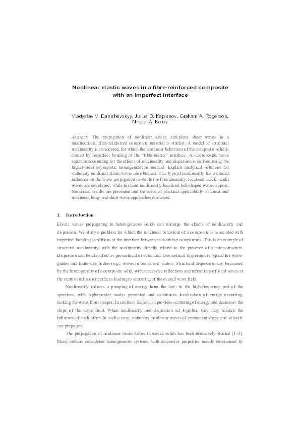 Nonlinear elastic waves in a fibre-reinforced composite with an imperfect interface Thumbnail