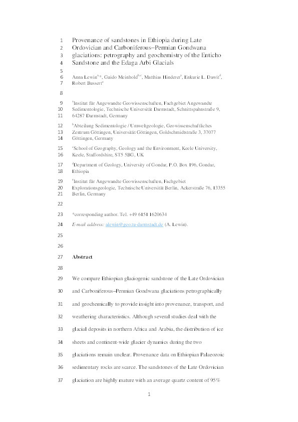 Provenance of sandstones in Ethiopia during Late Ordovician and Carboniferous-Permian Gondwana glaciations: petrography and geochemistry of the Enticho Sandstone and the Edaga Arbi Glacials Thumbnail