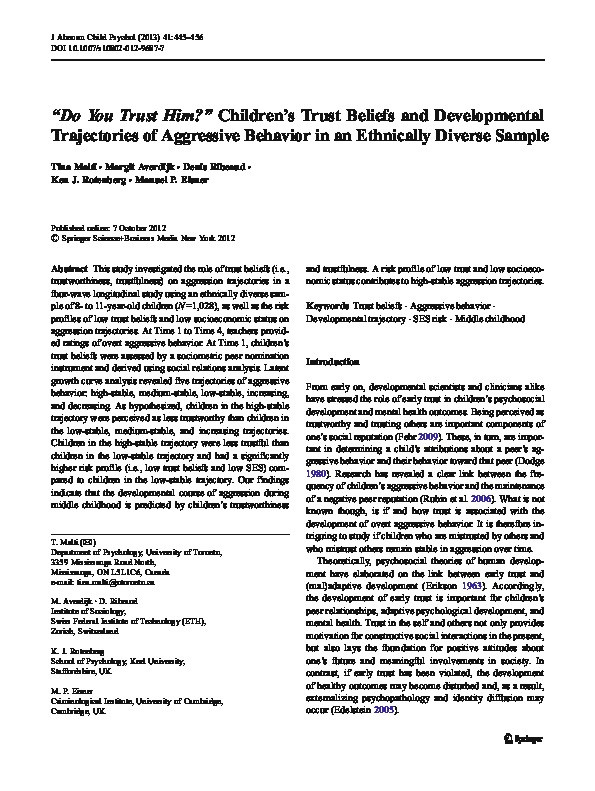 "Do you trust him?" Children's trust beliefs and developmental trajectories of aggressive behavior in an ethnically diverse sample. Thumbnail