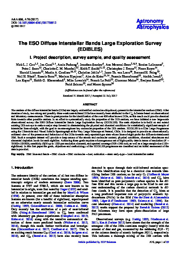 The ESO Diffuse Interstellar Bands Large Exploration Survey (EDIBLES) - I. Project description, survey sample, and quality assessment Thumbnail