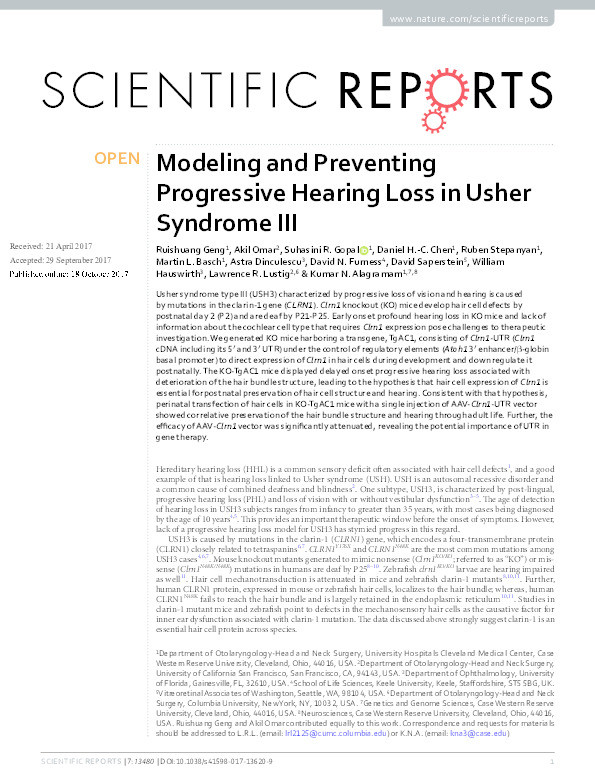 Modeling and Preventing Progressive Hearing Loss in Usher Syndrome III Thumbnail