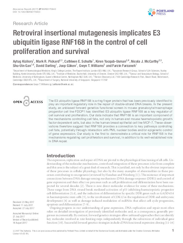 Retroviral insertional mutagenesis implicates E3 ubiquitin ligase RNF168 in the control of cell proliferation and survival Thumbnail