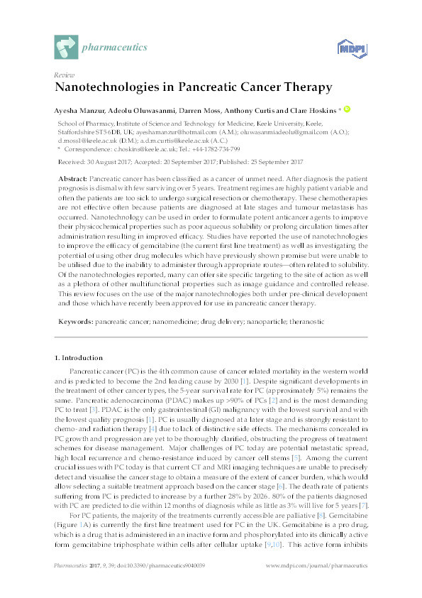 Nanotechnologies in Pancreatic Cancer Therapy. Thumbnail