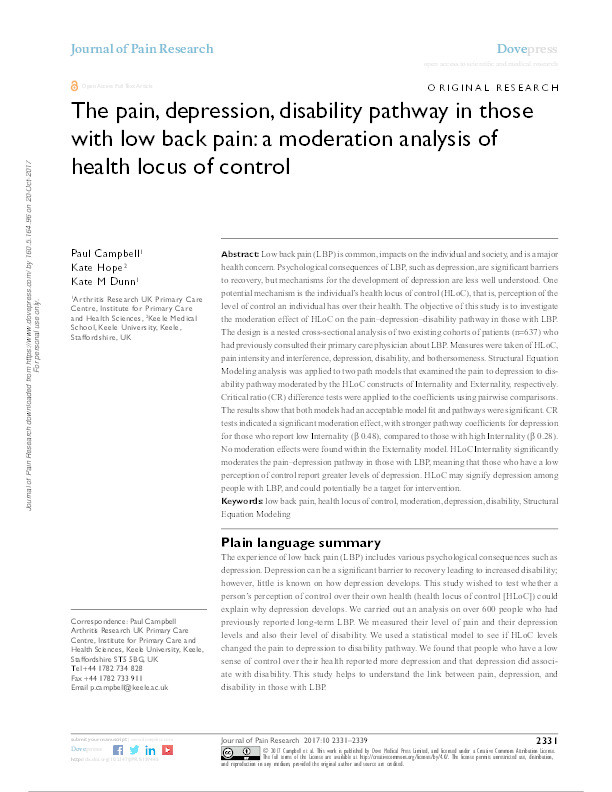 The pain, depression, disability pathway in those with low back pain: a moderation analysis of health locus of control Thumbnail