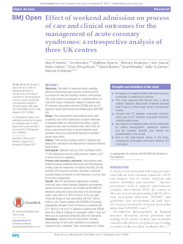 Effect of weekend admission on process of care and clinical outcomes for the management of acute coronary syndromes: a retrospective analysis of three UK centres. Thumbnail