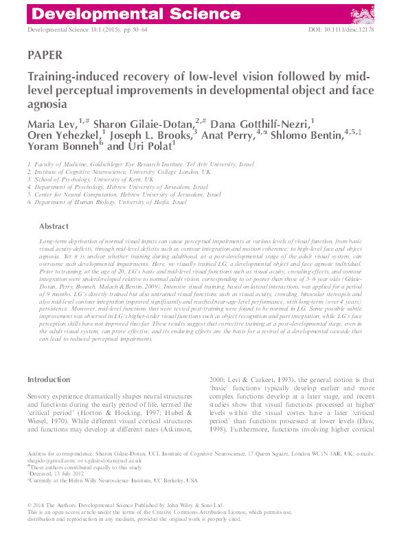 Training-induced recovery of low-level vision followed by mid-level perceptual improvements in developmental object and face agnosia Thumbnail