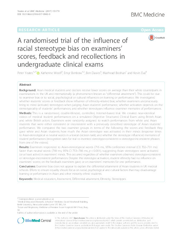 A randomised trial of the influence of racial stereotype bias on examiners’ scores, feedback and recollections in undergraduate clinical exams Thumbnail
