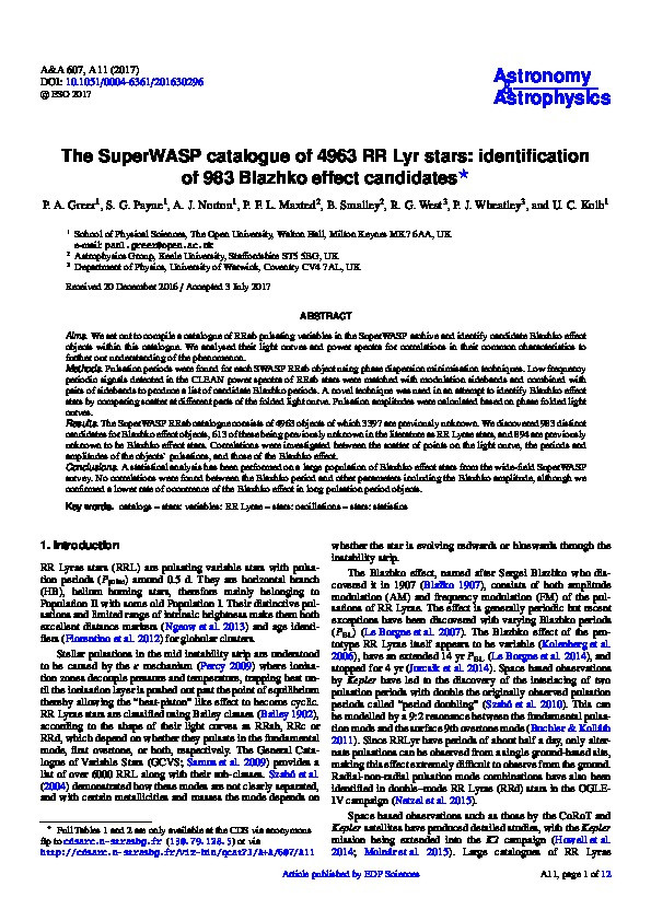 The SuperWASP catalogue of 4963 RR Lyr stars: identification of 983 Blazhko effect candidates Thumbnail