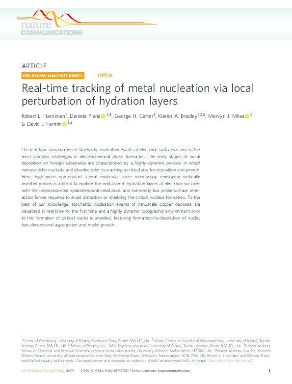 Real-time tracking of metal nucleation via local perturbation of hydration layers. Thumbnail