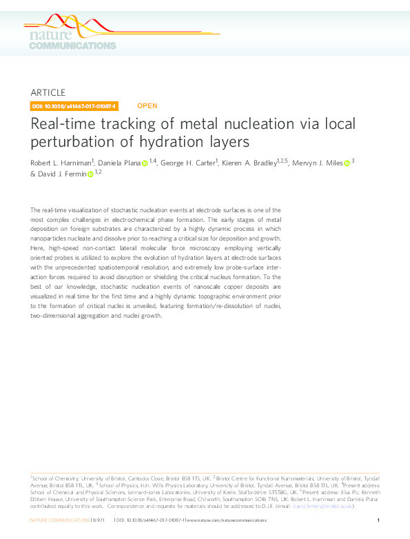Real-time tracking of metal nucleation via local perturbation of hydration layers. Thumbnail