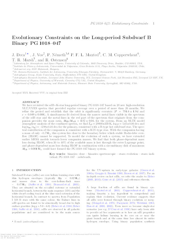 Evolutionary Constraints on the Long-period Subdwarf B Binary PG 1018–047 Thumbnail