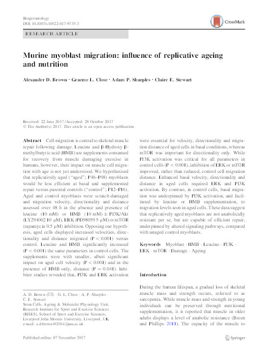 Murine myoblast migration: influence of replicative ageing and nutrition Thumbnail