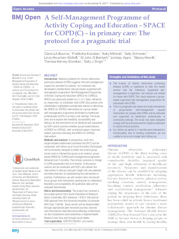 A Self-Management Programme of Activity Coping and Education - SPACE for COPD(C) - in primary care: The protocol for a pragmatic trial Thumbnail