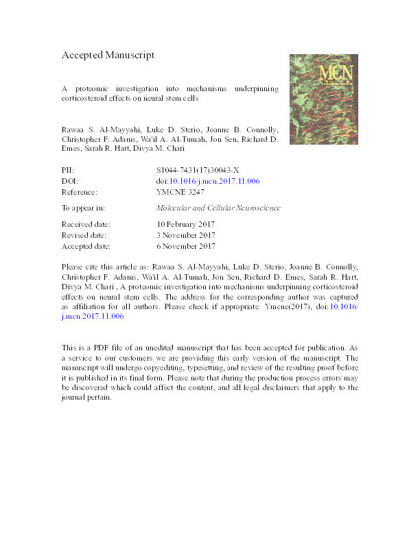 A proteomic investigation into mechanisms underpinning corticosteroid effects on neural stem cells. Thumbnail